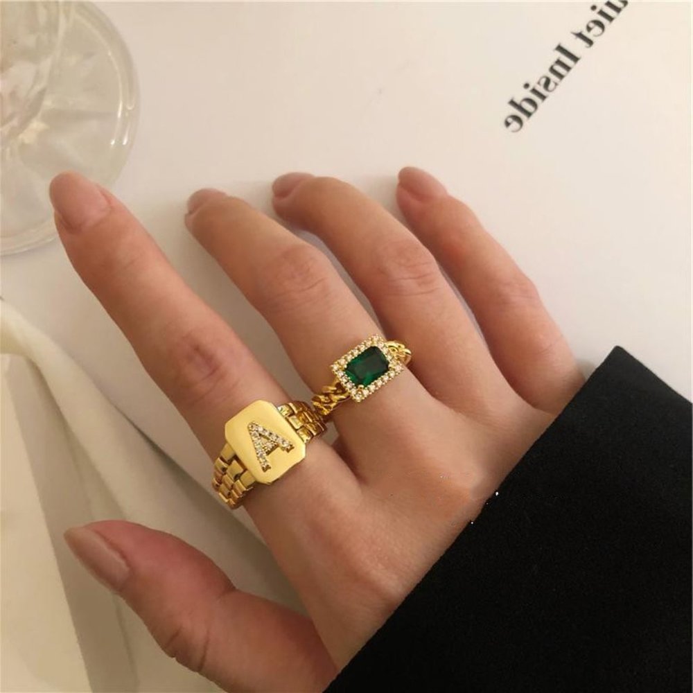 Letter A 18K Gold Plated Watchband Zircon Adjustable Ring - Picture 4 of 5